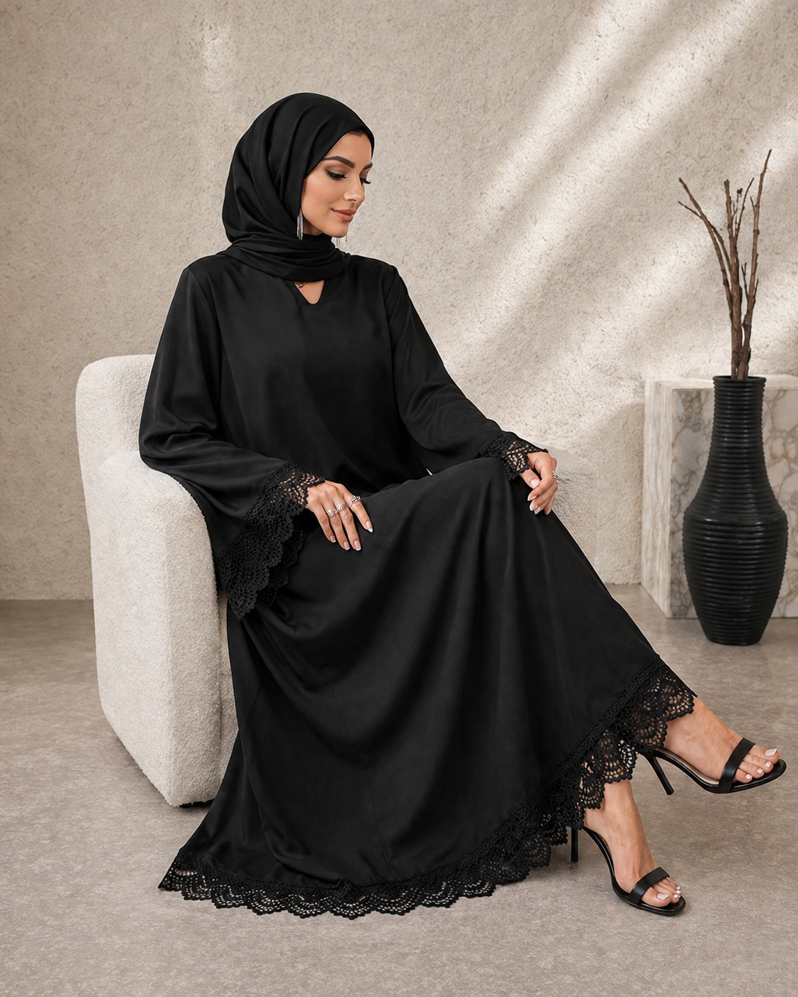 Zahra Elegant Lace Trim Abaya Set