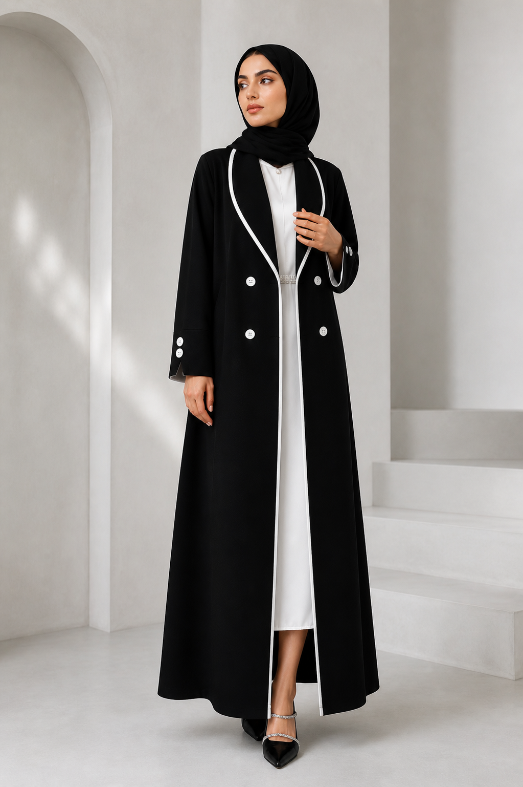 Noir Button Open Abaya | Black & White