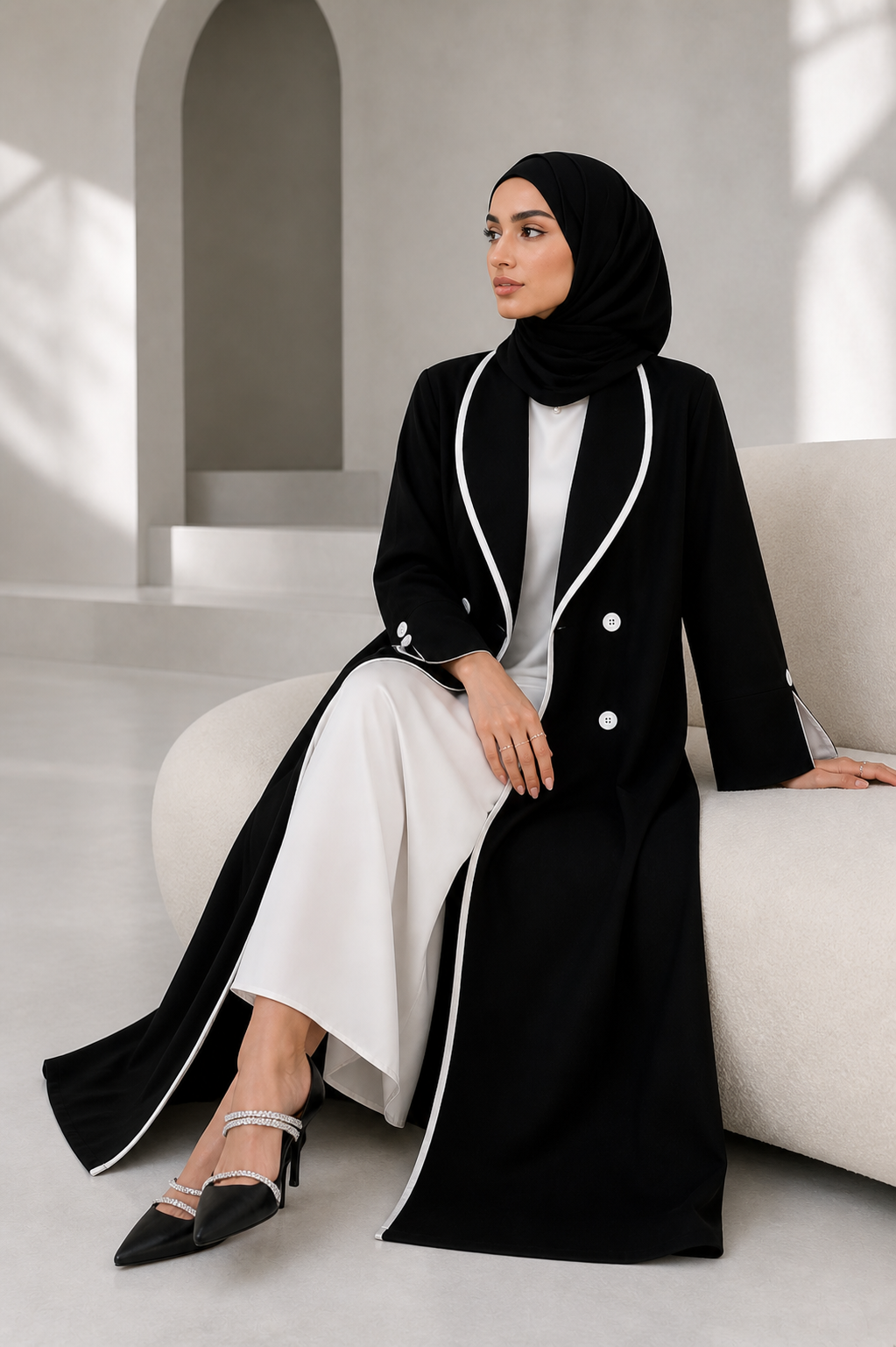 Noir Button Open Abaya | Black & White