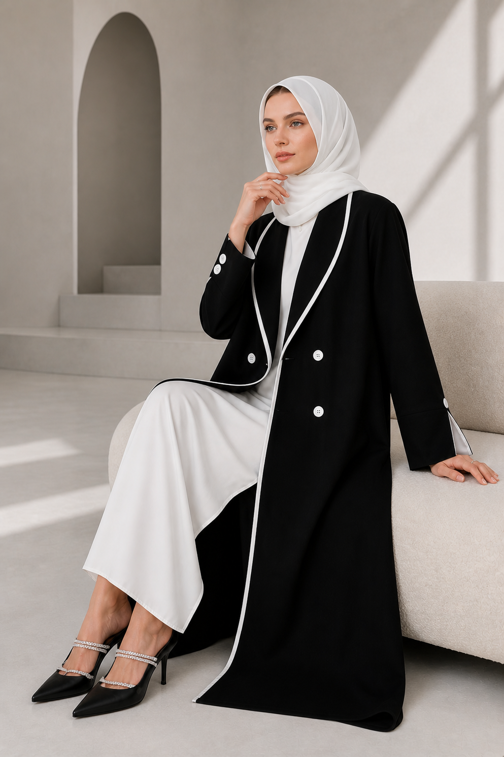 Noir Button Open Abaya | Black & White