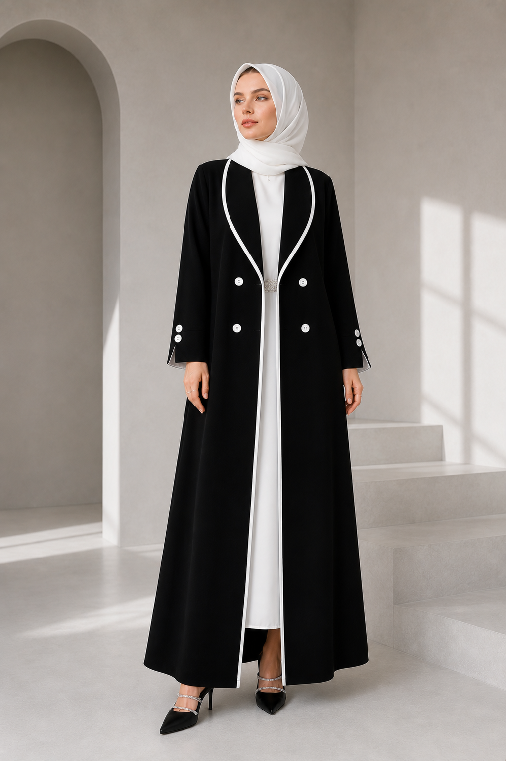 Noir Button Open Abaya | Black & White