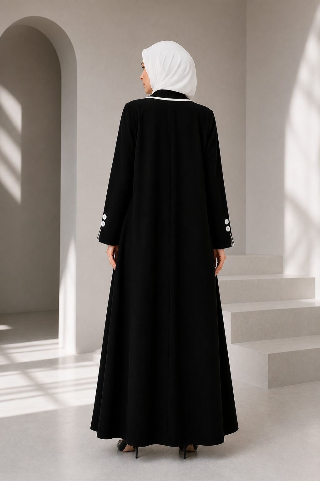 Noir Button Open Abaya | Black & White