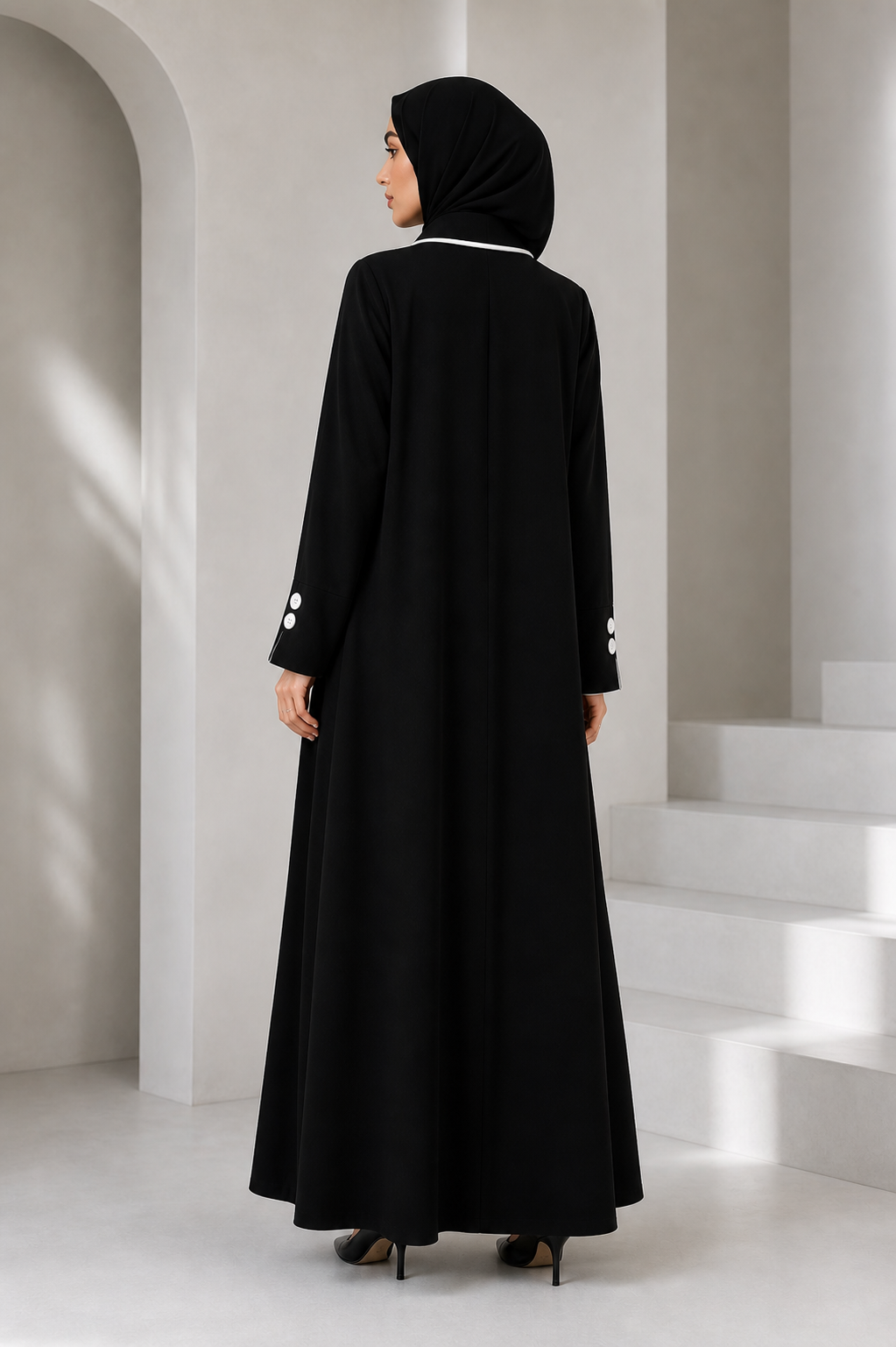Noir Button Open Abaya | Black & White